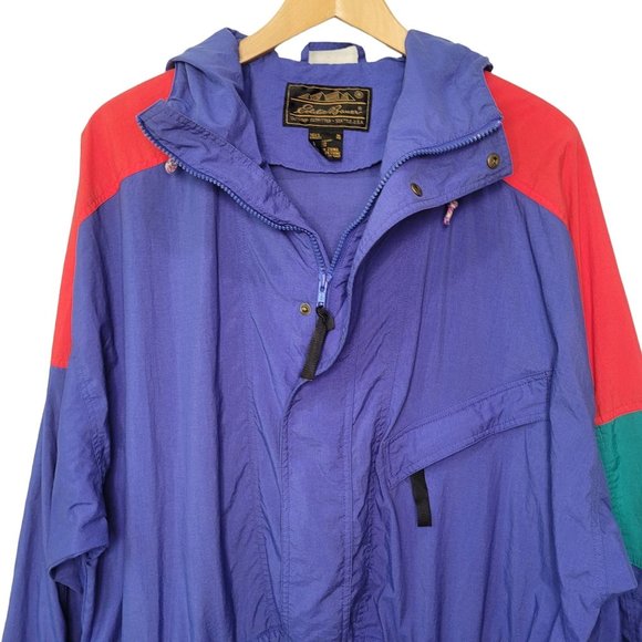 Vintage 90s Eddie Bauer Windbreaker Blue Colorblock Hooded Jacket XL - Picture 3 of 12